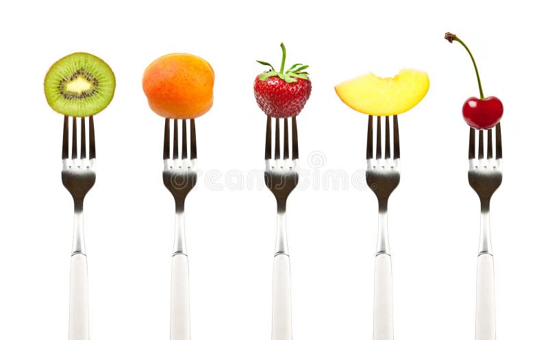 Nourriture Crue. Fruits Sur Des Fourchettes Image stock - Image du