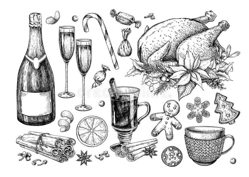 Nourriture de Noël et ensemble traditionnels de boissons Les vacances traitent le vecteur illustration de vecteur