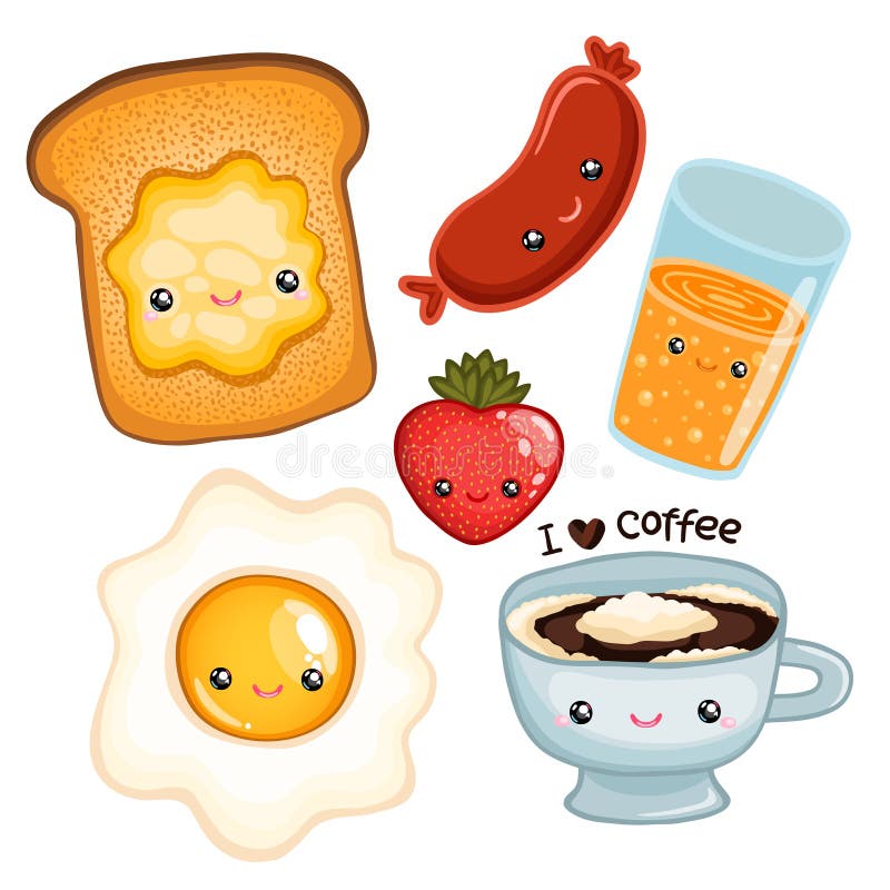 Cute breakfast food - toast, egg, coffee, strawberry, juice and sausage. Cute breakfast food - toast, egg, coffee, strawberry, juice and sausage