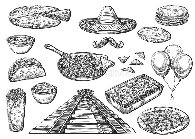 Nourriture et signes nationaux mexicains de Cinco de Mayo illustration stock Nourriture et signes nationaux mexicains de Cinco de Mayo illustration stock