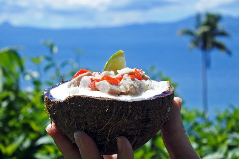 Nourriture Kokoda de Fijian contre le paysage tropical d'île