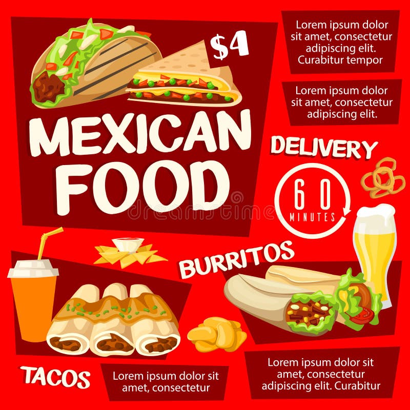 Nourriture mexicaine avec le taco, le burrito et les boissons illustration de vecteur Nourriture mexicaine avec le taco, le burrito et les boissons illustration de vecteur