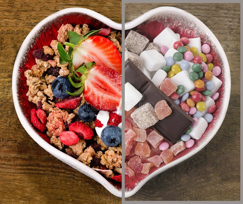 Nourriture saine et malsaine de Choise Consommation du concept images stock Nourriture saine et malsaine de Choise Consommation du concept images stock