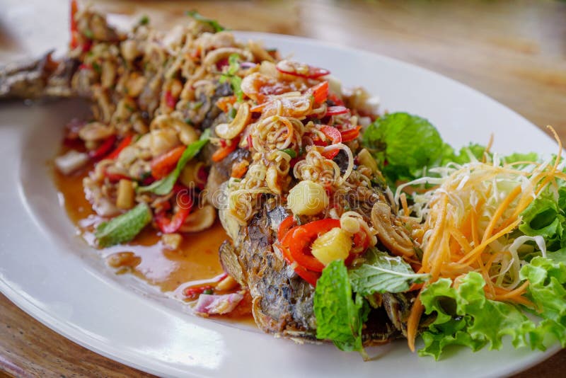 Nourriture thaïlandaise, poisson de Snakehead du plat blanc photographie stock Nourriture thaïlandaise, poisson de Snakehead du plat blanc photographie stock