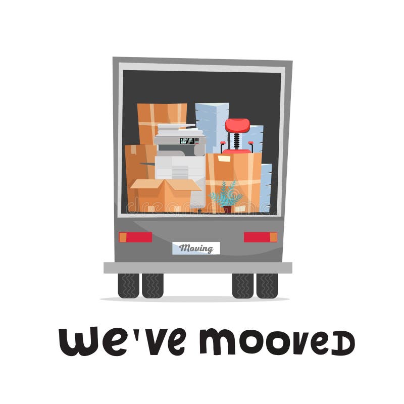 Nous avons déplacé le concept de lettrage de main Meubles de bureau et équipement derrière un camion Vue arrière de camion à l'ar illustration libre de droits Nous avons déplacé le concept de lettrage de main Meubles de bureau et équipement derrière un camion Vue arrière de camion à l'ar illustration libre de droits