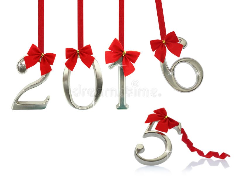 New year 2016 hanging on red ribbons. New year 2016 hanging on red ribbons