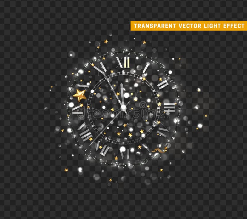 Nouvelle année brillant argent horloge cinq minutes à minuit. joyeux noël. fête de Noël. fond lumineux avec lumières vives et bokeh étincelant. conception d'illustration vectorielle avec effet transparence