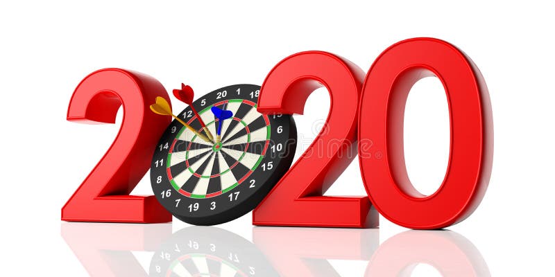 New year 2020, darts on bullseye isolated on white background. 3d illustration. New year 2020, darts on bullseye isolated on white background. 3d illustration