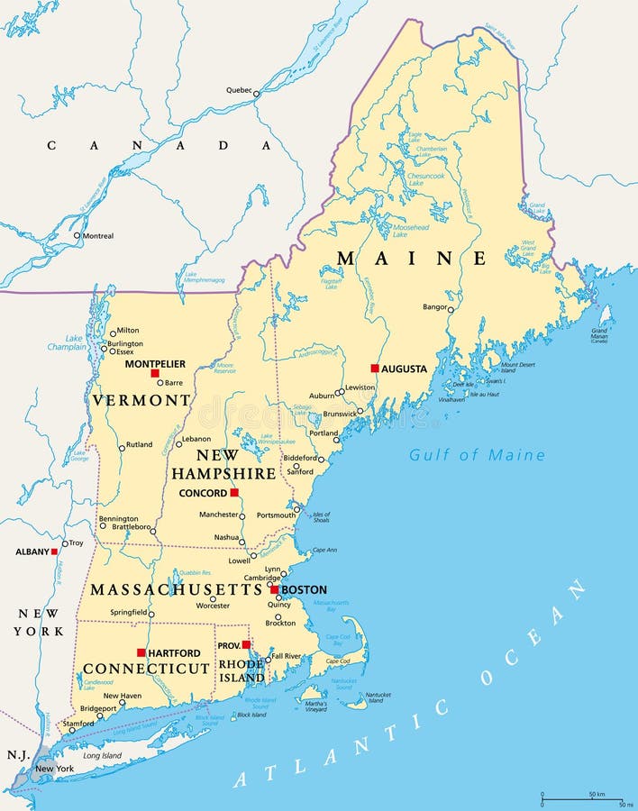 New England region of the United States of America, political map. Maine, Vermont, New Hampshire, Massachusetts, Rhode Island and Connecticut with their Capitals and borders. Illustration. Vector. New England region of the United States of America, political map. Maine, Vermont, New Hampshire, Massachusetts, Rhode Island and Connecticut with their Capitals and borders. Illustration. Vector.