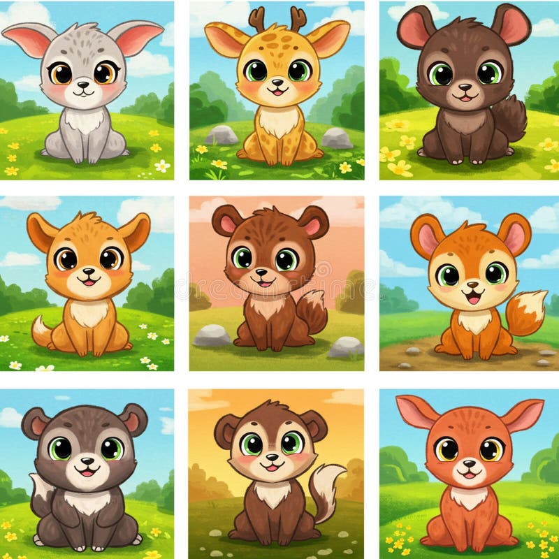 Nove caratteri animali animati disposti in una griglia 3x3. Ognuno ha una grande espressività royalty illustrazione gratis