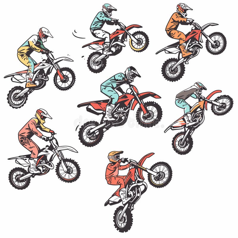 Nine motocross riders performing various stunts dirt bikes, rider wears full gear helmet, different colored motocross outfits. Illustrated action sequence extreme sports depicting motorcycle jumps. Nine motocross riders performing various stunts dirt bikes, rider wears full gear helmet, different colored motocross outfits. Illustrated action sequence extreme sports depicting motorcycle jumps