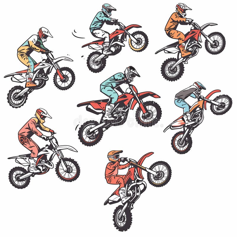 Nine motocross riders performing various stunts tricks dirt bikes, motocross rider wears full gear, including helmets captured different pose suggesting movement. Graphic style colorful vector. Nine motocross riders performing various stunts tricks dirt bikes, motocross rider wears full gear, including helmets captured different pose suggesting movement. Graphic style colorful vector