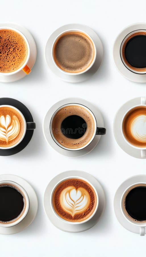 Nove tazze di carta con diversi caffè e bevande espresso catturate dall'alto royalty illustrazione gratis