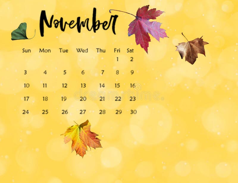 2019 November Calendar with Autumn Leaves on Color Background Stock ...