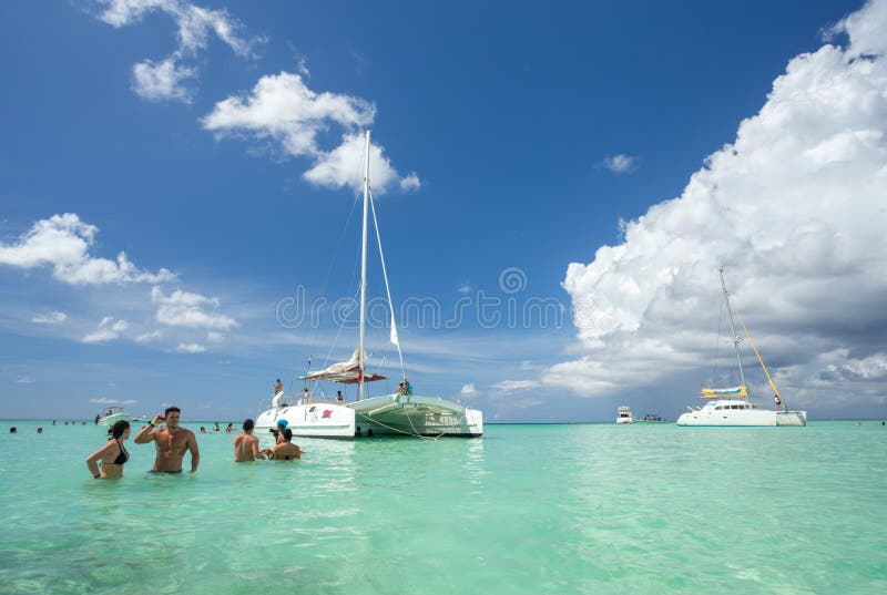5 November 2015, A Catamaran Boat `Tex` with a Group of Tourists in a the Caribbean Sea near Saona Island, Punta Cana, Dominican R