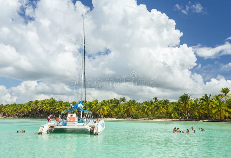5 November 2015, A Catamaran Boat `Viva Dominicus` with a Group of Tourists in a the Caribbean Sea, near Saona Island, Punta Cana.