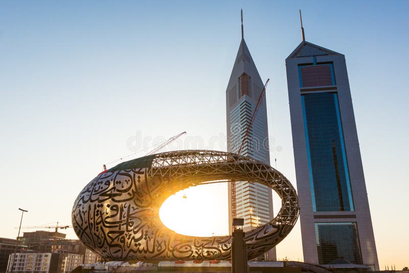 1 November 2019; Dubai, United Arab Emirates; The museum of future and Emirates Towers during the sunrise early in the morning