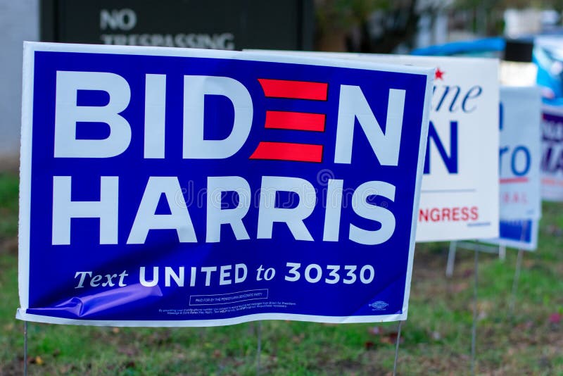 November 3, 2020 - Elkins Park, Pennsylvania: A Biden Harris Sign at a Polling Station in Elkins Park, Pennsylvania