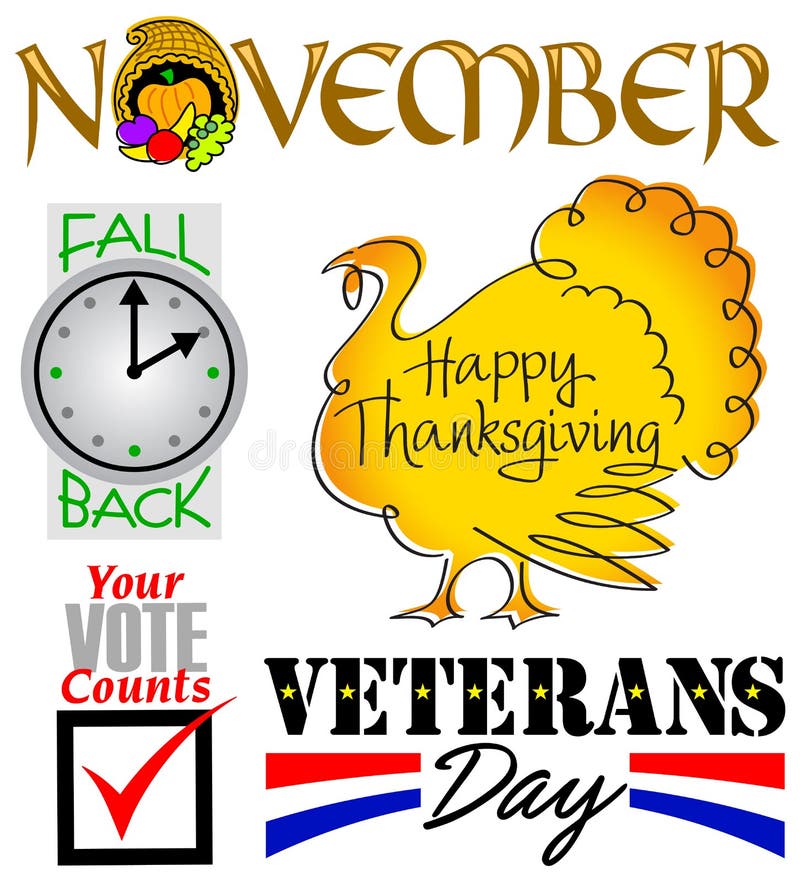 Illustrated headlines for November holidays and events including Thanksgiving, Veterans Day, elections and daylight savings time change. Illustrated headlines for November holidays and events including Thanksgiving, Veterans Day, elections and daylight savings time change