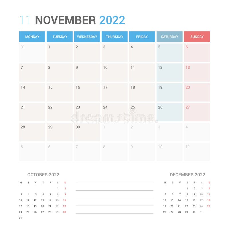 November 2022 Planner Calendar Week Starts On Monday. Stock Vector - Illustration Of February, July: 225497813