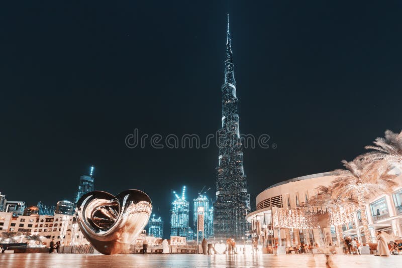 Panoramic View of Illuminated Burj Khalifa Building at Evening. I Love Dubai  Caption with Iron Heart Editorial Image - Image of illuminated, editorial:  172387800