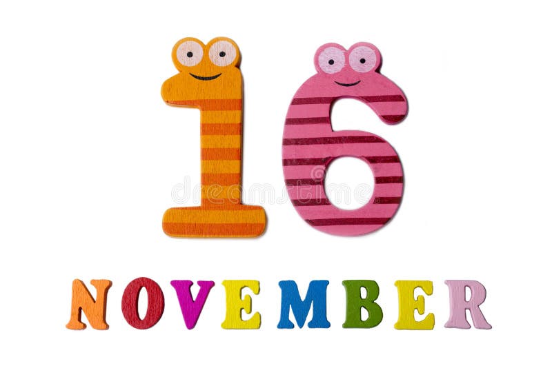 November 16 on white background, numbers and letters. stock image