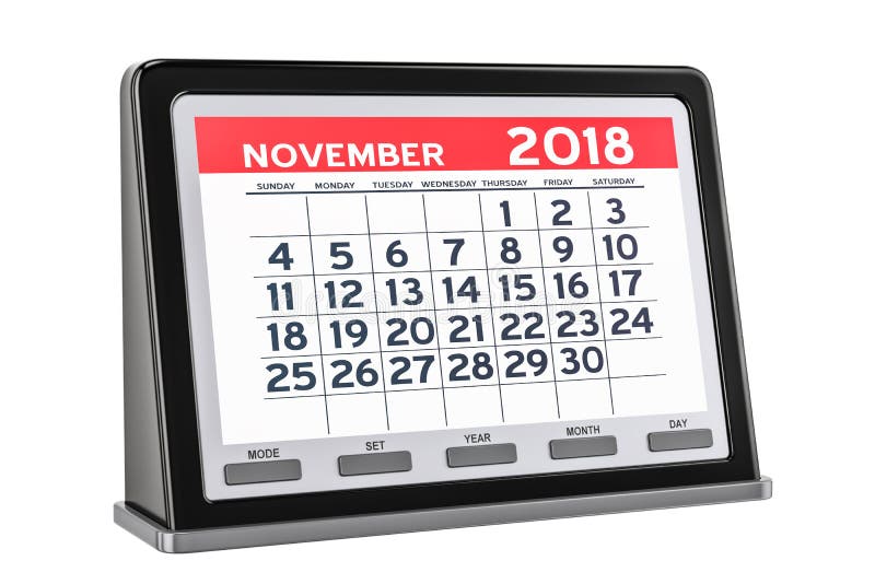 Novembre 2018 calendario digitale, rappresentazione 3D illustrazione vettoriale Novembre 2018 calendario digitale, rappresentazione 3D illustrazione vettoriale