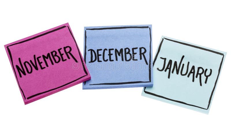 novembro, dezembro e janeiro em notas pegajosas