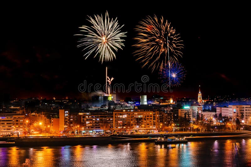 Fireworks in Novi Sad, Serbia. New Year`s fireworks.