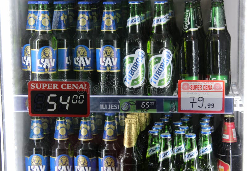 Novi Sad, Serbia, 06.02.2018 many branded different beers on sale with prices royalty free stock images Novi Sad, Serbia, 06.02.2018 many branded different beers on sale with prices royalty free stock images
