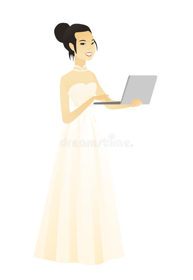 Novia asiática en un vestido blanco usando un ordenador portátil stock de ilustración Novia asiática en un vestido blanco usando un ordenador portátil stock de ilustración