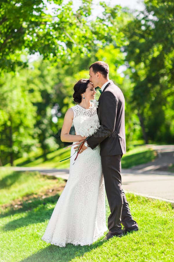 Novia elegante y novio felices hermosos, casandose las celebraciones al aire libre imágenes de archivo libres de regalías Novia elegante y novio felices hermosos, casandose las celebraciones al aire libre imágenes de archivo libres de regalías