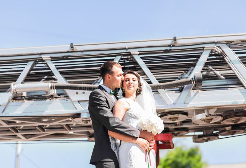 Novia elegante y novio felices hermosos, casandose las celebraciones al aire libre fotografía de archivo Novia elegante y novio felices hermosos, casandose las celebraciones al aire libre fotografía de archivo