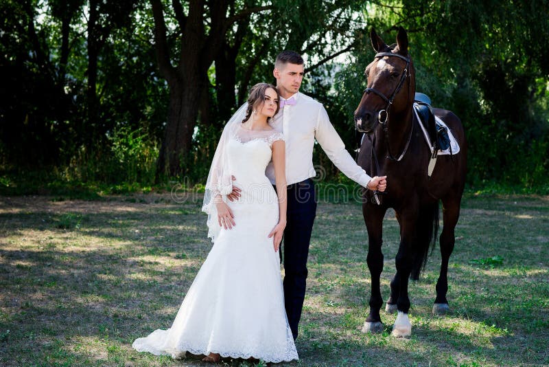 Novia y novio en bosque con los caballos Pares de la boda Retrato hermoso en naturaleza fotografía de archivo libre de regalías Novia y novio en bosque con los caballos Pares de la boda Retrato hermoso en naturaleza fotografía de archivo libre de regalías