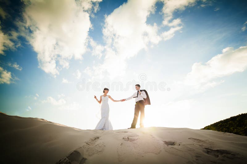 Novia y novio que celebran las manos y el funcionamiento a través de la arena en el th imagen de archivo libre de regalías Novia y novio que celebran las manos y el funcionamiento a través de la arena en el th imagen de archivo libre de regalías