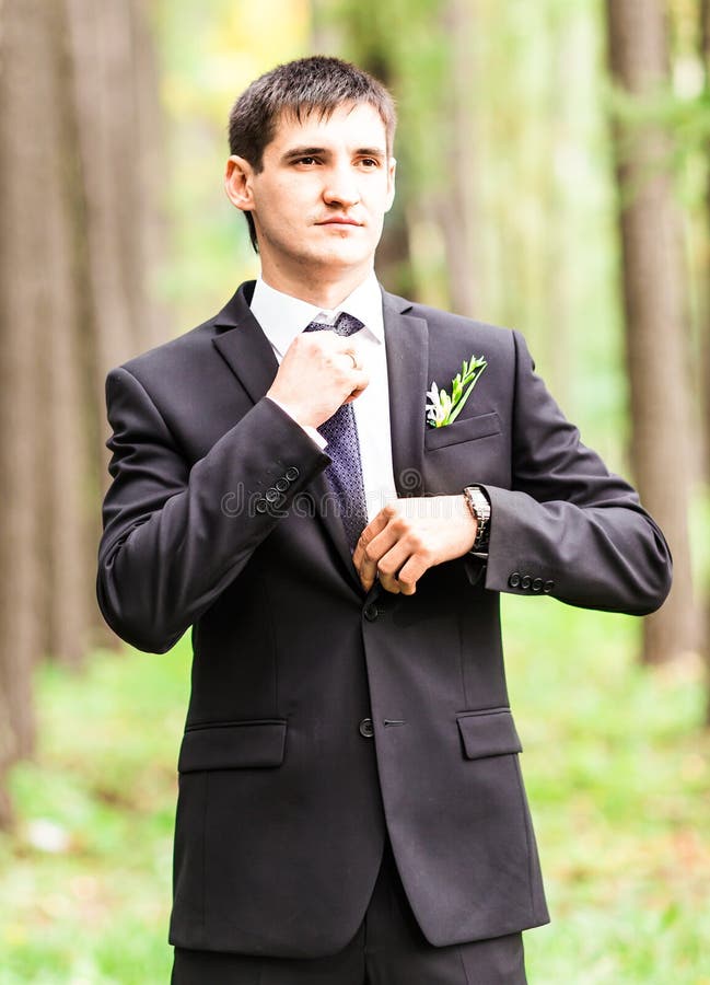 Novio hermoso en traje en la naturaleza Retrato masculino al aire libre El hombre está presentando fotografía de archivo libre de regalías Novio hermoso en traje en la naturaleza Retrato masculino al aire libre El hombre está presentando fotografía de archivo libre de regalías