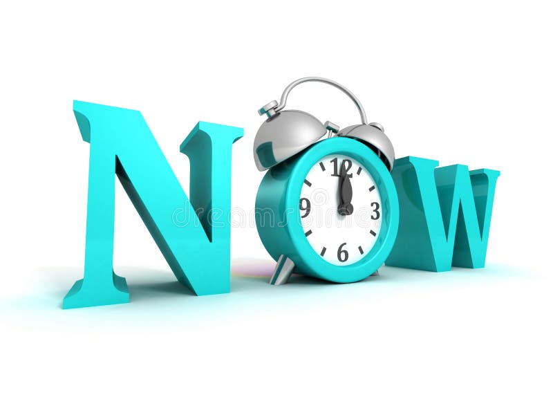Now blue word and alarm clock on white stock illustration