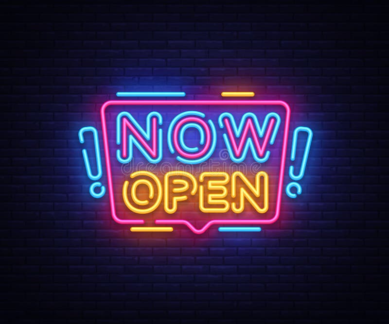 Now Open neon signs vector. Now Open Design template neon sign, light banner, neon signboard, nightly bright advertising vector illustration Now Open neon signs vector. Now Open Design template neon sign, light banner, neon signboard, nightly bright advertising vector illustration