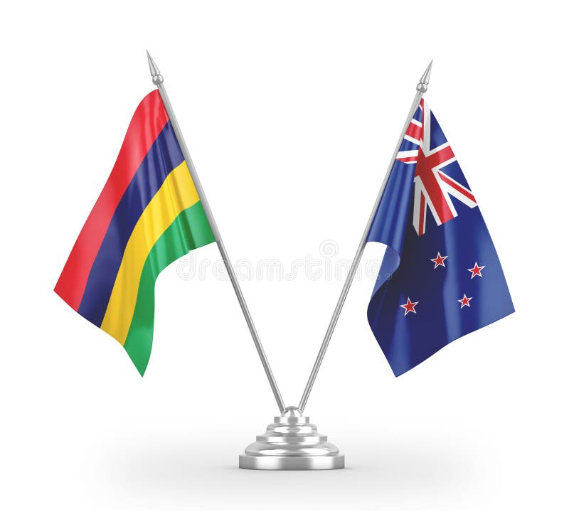 Nowe flagi stołowe zealand i mauritius wyizolowane na białym tle renderowania 3d