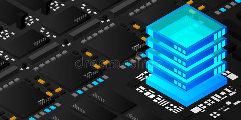 Nowoczesna elektroniczna płytka drukowana pcb z mikrochipami procesorowymi i świecącymi cyfrowymi sygnałami elektronicznymi. procesor w układzie scalonym. linie energetyczne neon 3d ilustracja