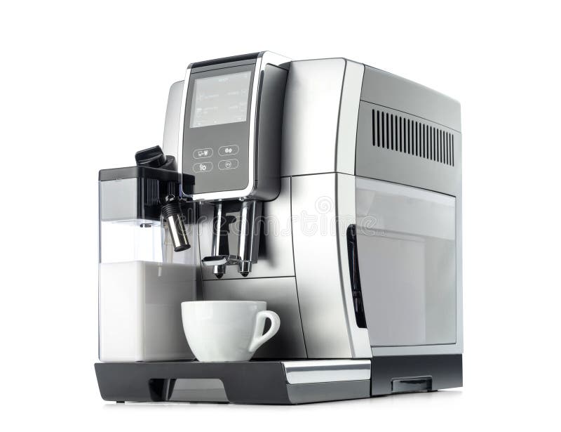 Nowoczesne automaty do kawy z cyfrowym wyświetlaczem białego kubka i zintegrowanym mlekiem dla cappuccino. zdjęcie royalty free