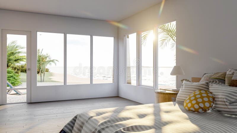 Nowoczesne, białe wnętrze sypialni współczesnej z dużymi oknami i tarasem 3d