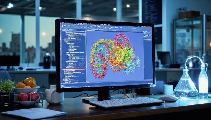Nowoczesne biuro laboratoryjne pokazujące ekran komputerowy o barwnej strukturze dna i oprogramowaniu do analizy naukowej w badani ilustracja wektor