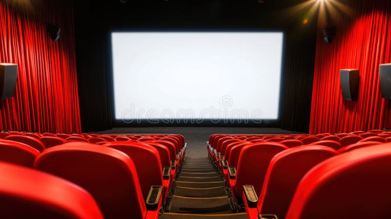 Nowoczesne kino z pustymi czerwonymi siedzeniami i dużym pustym ekranem, budujące poczucie oczekiwań i ekscytacji obraz stock