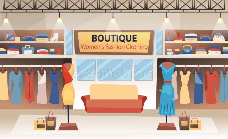 Nowoczesne kobiety odzież moda butikowy projekt wnętrza z ubraniami Styl płaski Ilustracja wektorowa ilustracji