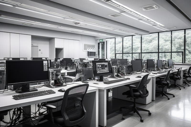 Nowoczesne laboratorium badawcze w dziedzinie oprogramowania Nowoczesne biurowe wzornictwo wnętrz. Wysoki klawisz ilustracja wektor