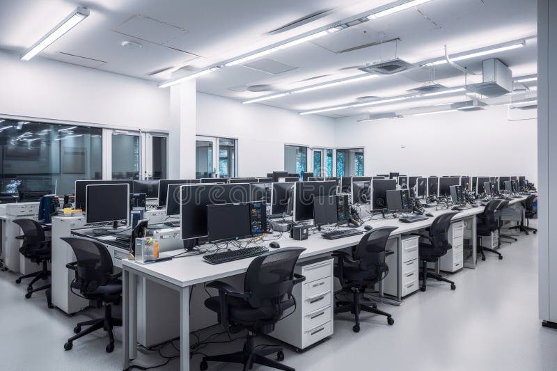 Nowoczesne laboratorium badawcze w dziedzinie oprogramowania Nowoczesne biurowe wzornictwo wnętrz. Wysoki klawisz ilustracja wektor