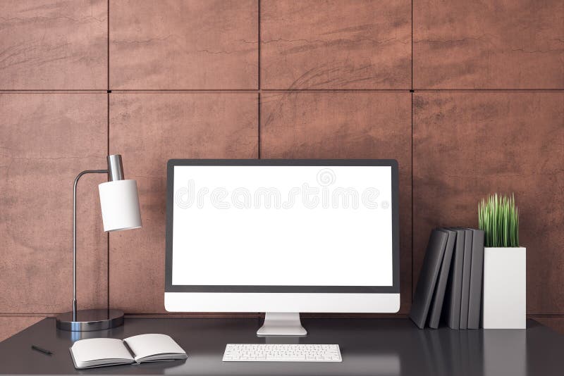 Modern designer workplace with blank computer screen and red wall.  Workplace and lifestyle concept.  3D Rendering. Modern designer workplace with blank computer screen and red wall.  Workplace and lifestyle concept.  3D Rendering