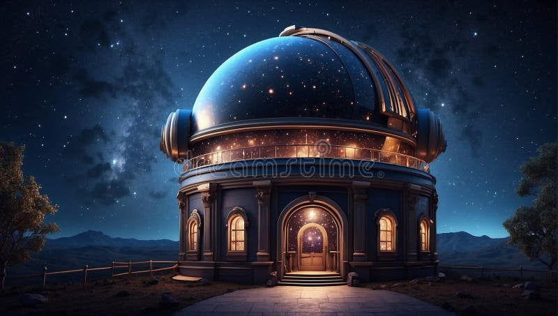 Nowoczesne obserwatorium buduje nocne niebo z gwiazdami na tle koncepcji badania przestrzeni kosmicznej ilustracja wektor