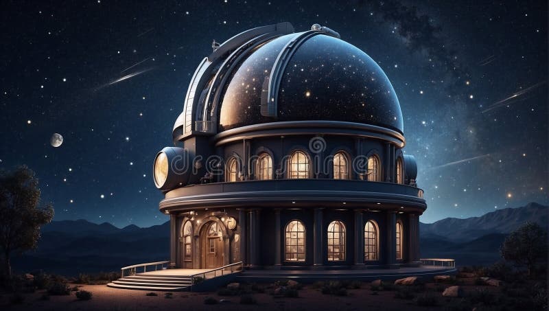 Nowoczesne obserwatorium buduje nocne niebo z gwiazdami na tle koncepcji badania przestrzeni kosmicznej ilustracja wektor